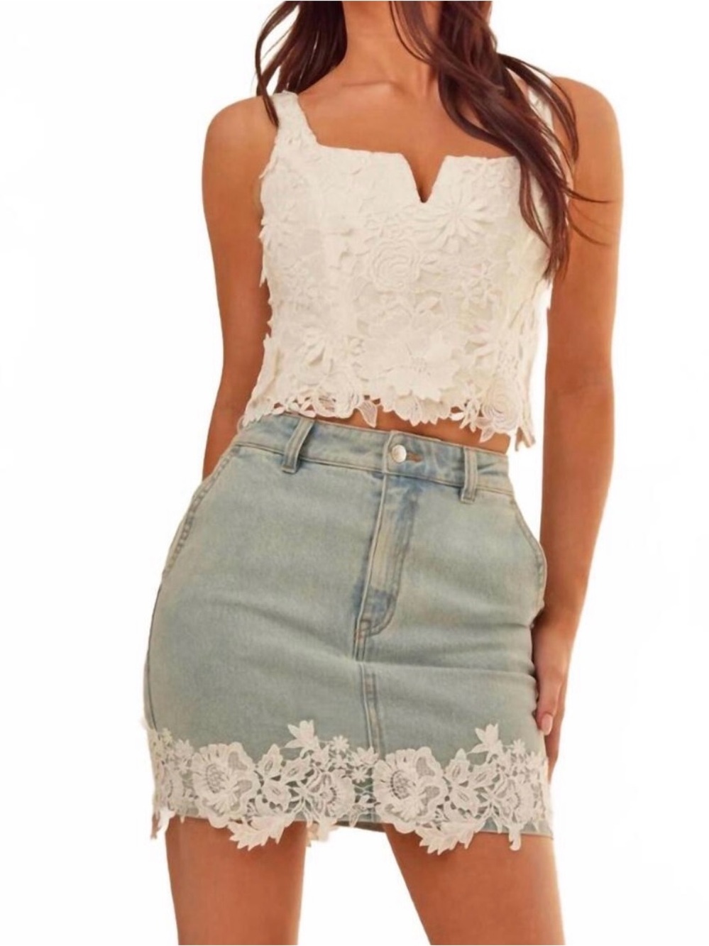 Generation Love Melody White Lace Denim Skirt with Floral Detail